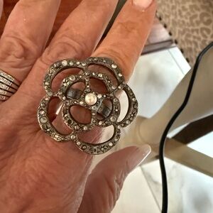 CHANEL Silver-Tone Camellia Flower Ring with Pearl and Crystals